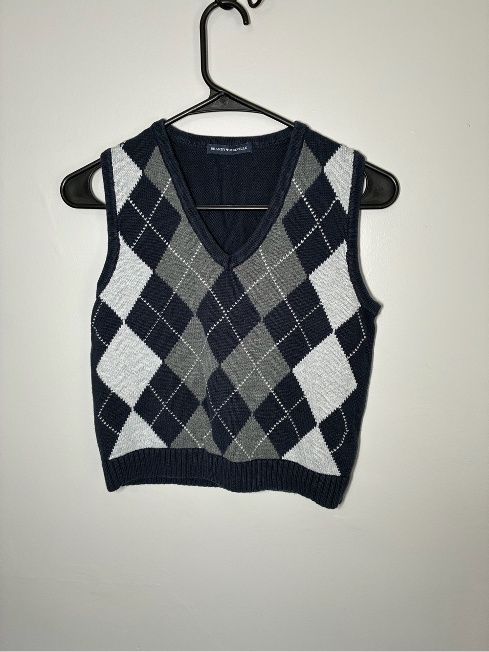 Brandy Melville Navy, Gray, and White V-Neck Sweater Vest women’s one size
